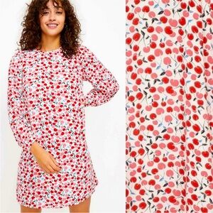 Ann Taylor LOFT Cherry Print Balloon Sleeve Shift Mini Dress Novelty White Small